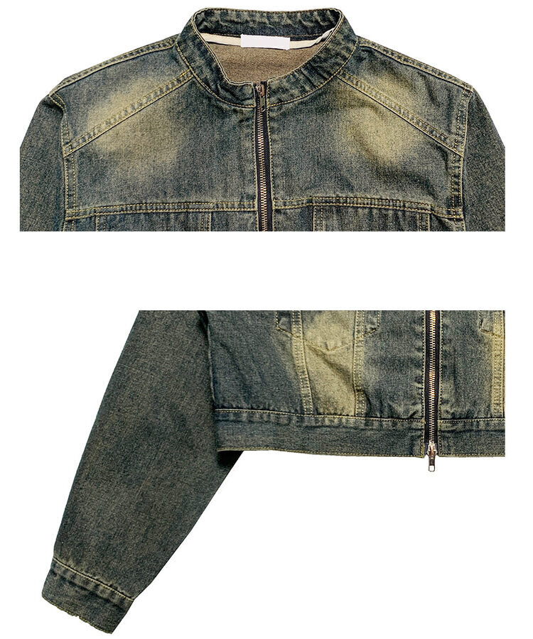 クロップダブルジップアップウォッシングデニムジャケット