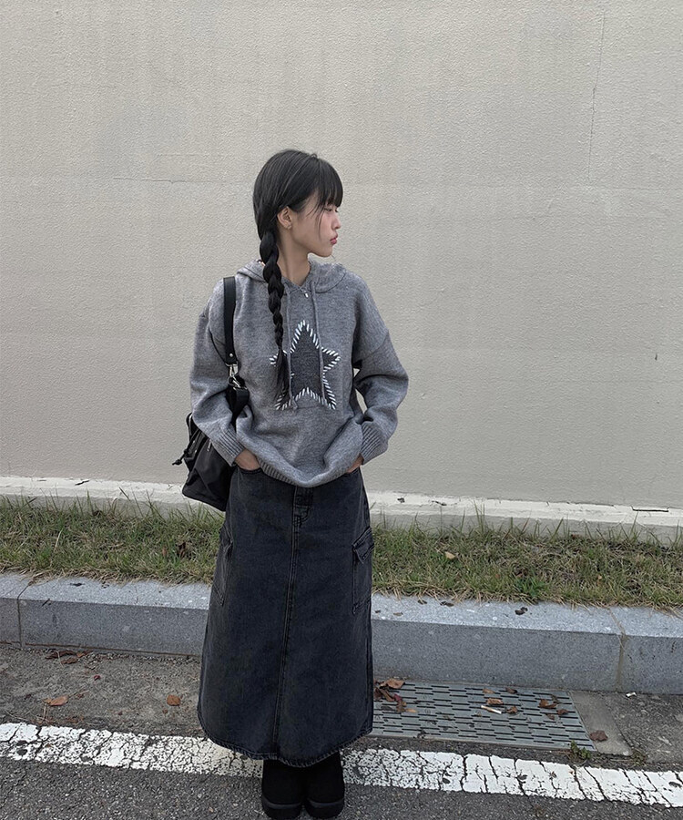 ビンテージスター刺繍ルーズフィットフードニット グレー