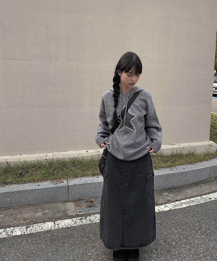 ビンテージスター刺繍ルーズフィットフードニット グレー