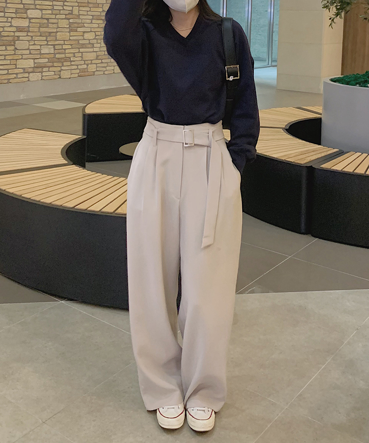 SET】ワイドスラックスパンツ 共布バックルベルト｜スラックス