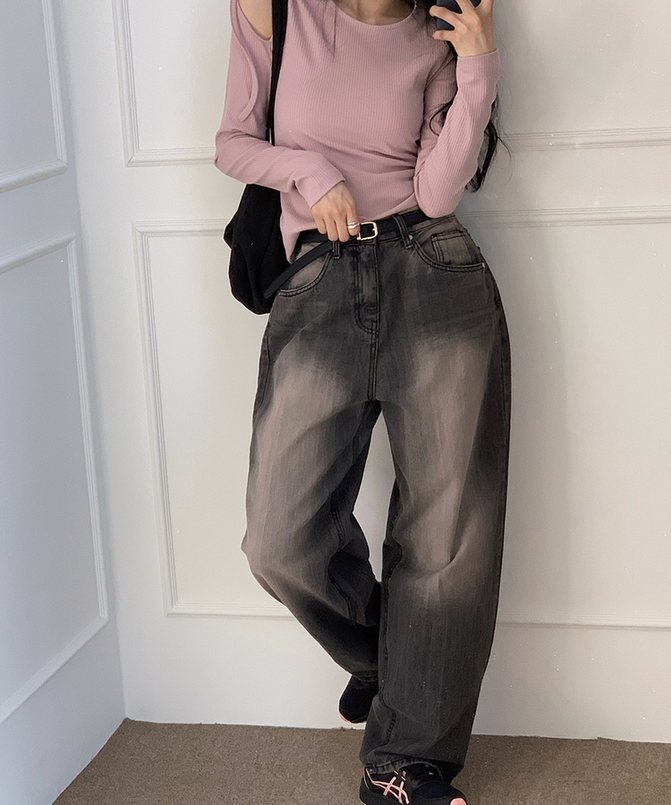 SJE6237 ユニークウォッシングブラックデニムワイドパンツ デニム  