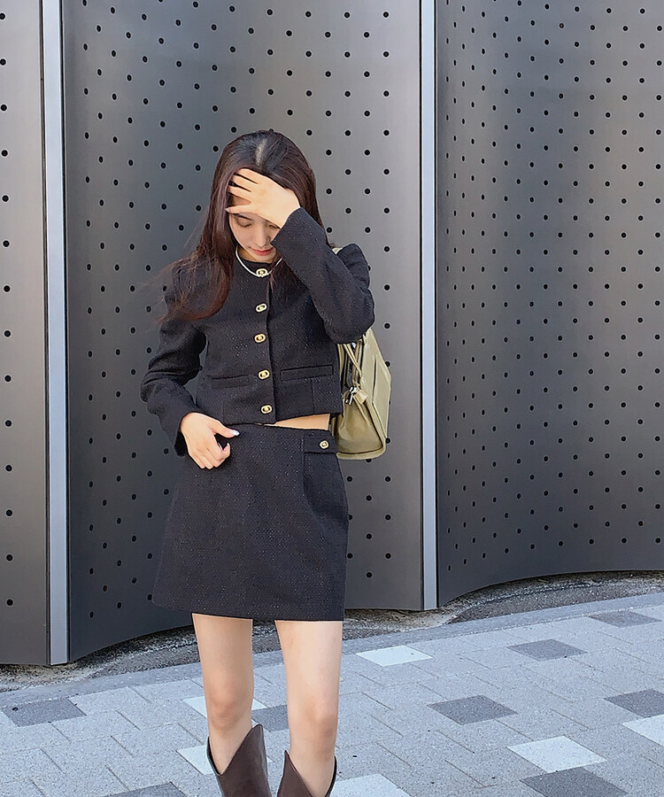 サイドゴールドボタンポイントツイードミニスカート｜ミニスカート