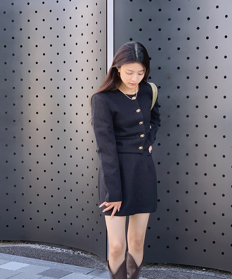 サイドゴールドボタンポイントツイードミニスカート｜ミニ