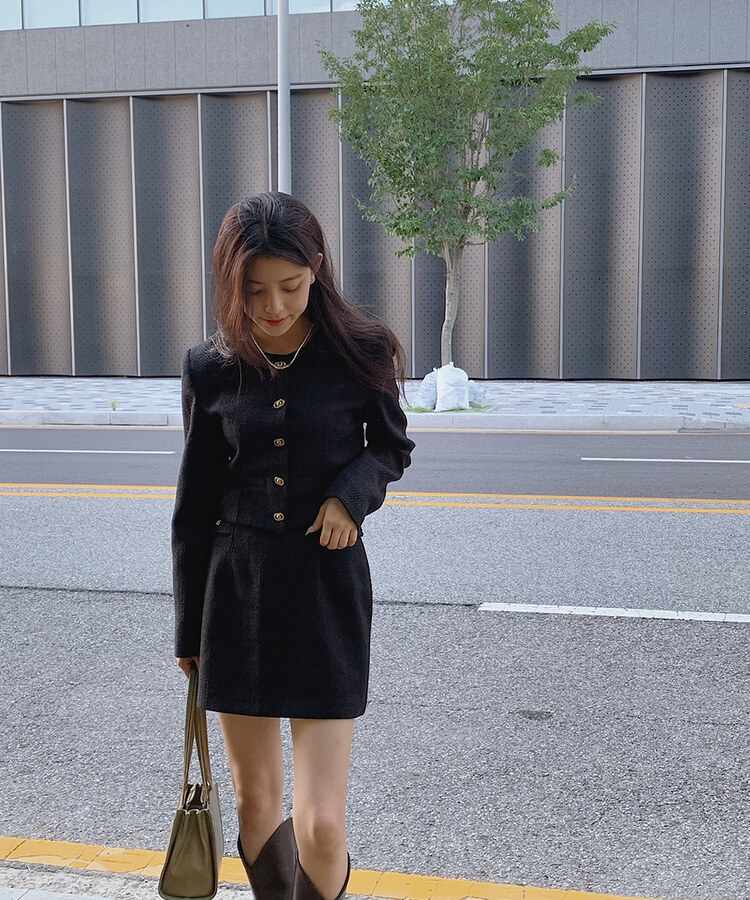 サイドゴールドボタンポイントツイードミニスカート｜ミニスカート