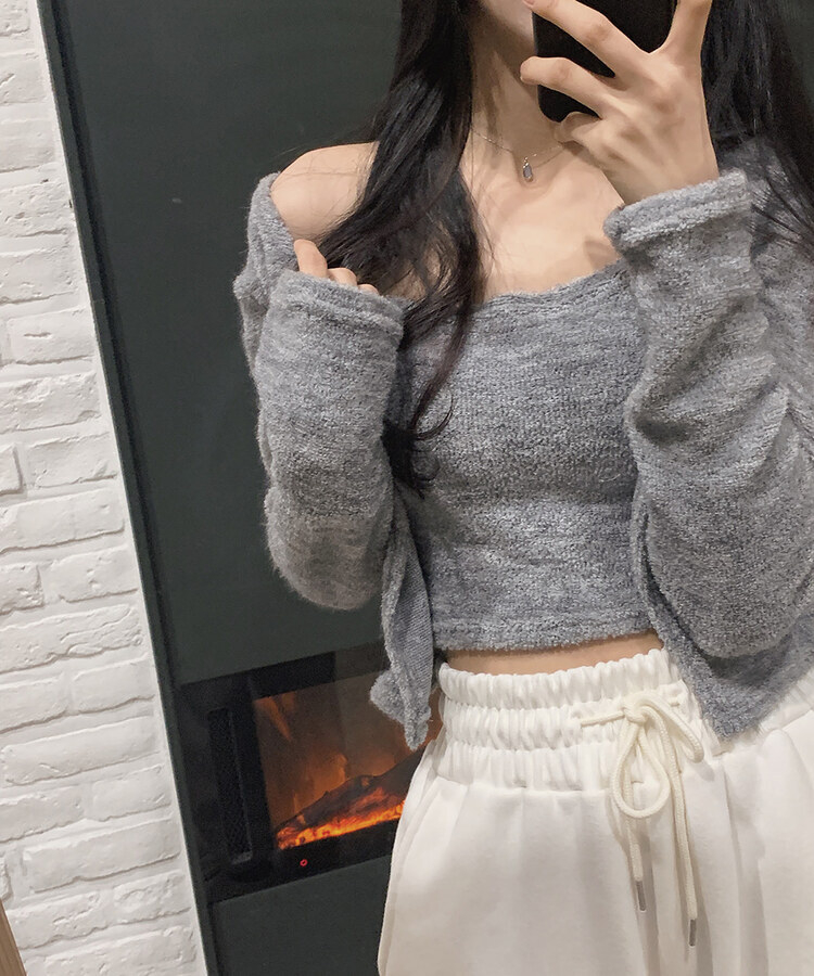 チューブトップドッキングボアクロップカーディガン5色｜ニット｜韓国