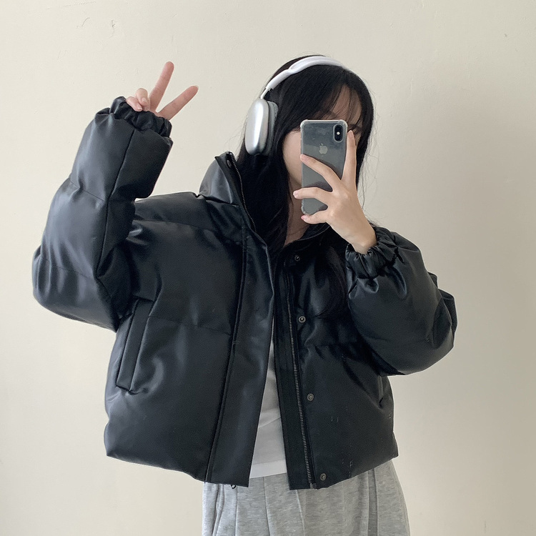 ユニークフェイクレザークロップダウンジャケット5色｜ダウン｜韓国