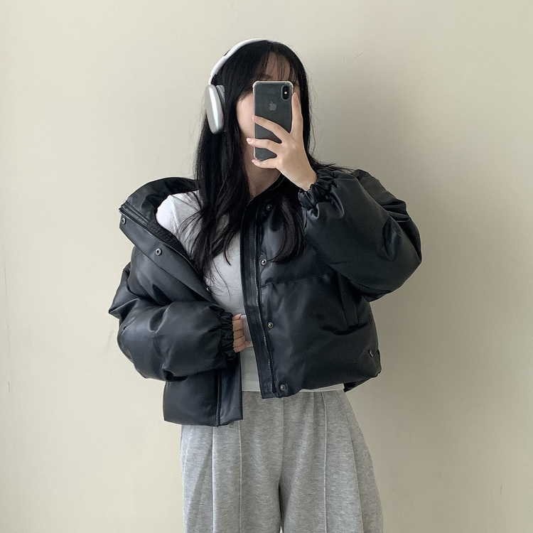 ユニークフェイクレザークロップダウンジャケット5色｜ダウン｜韓国