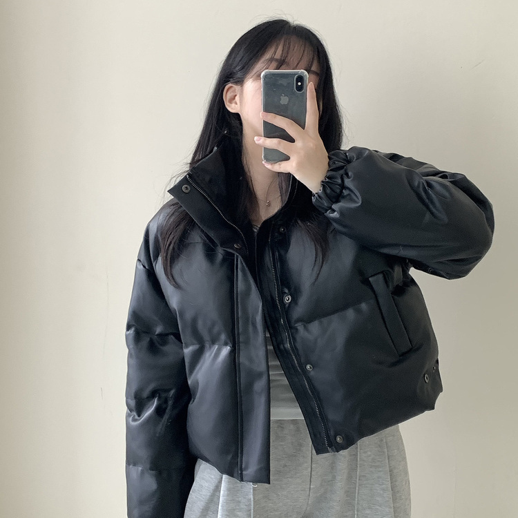 ユニークフェイクレザークロップダウンジャケット5色｜ダウン｜韓国