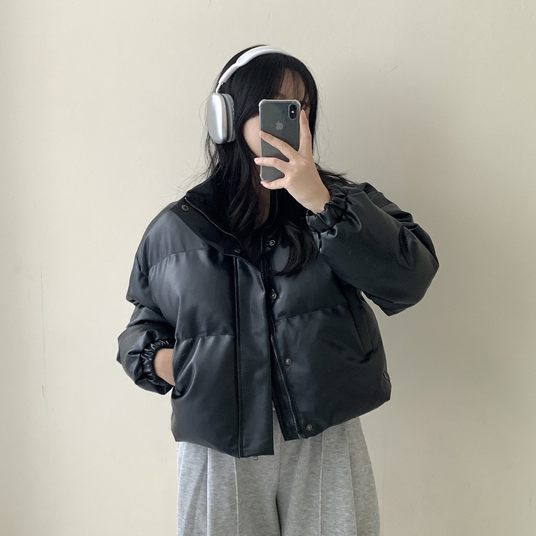 ユニークフェイクレザークロップダウンジャケット5色｜ダウン｜韓国