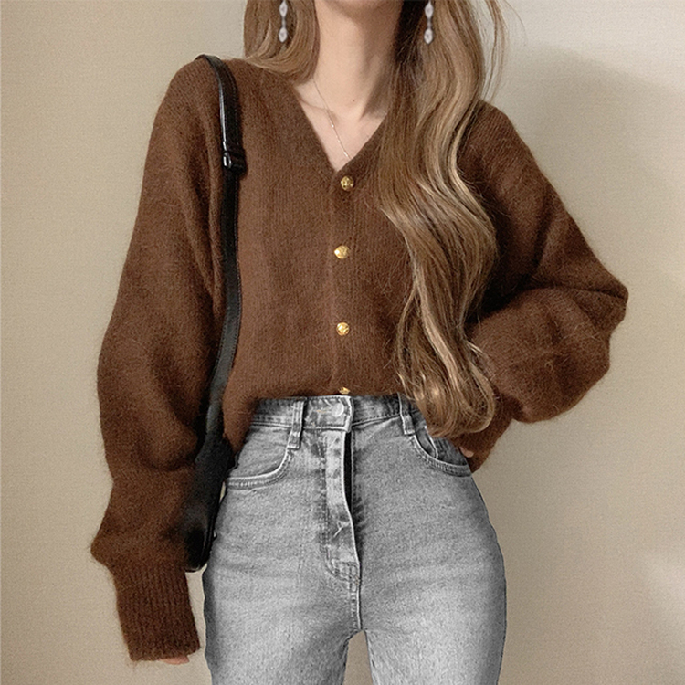 SGD17390 Vネックバルーンスリーブゴールドボタンアンゴラカーディガン  