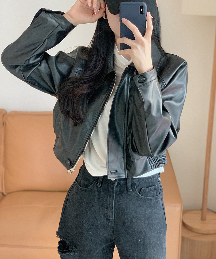 クロップカラーネックバンディングレザーブルゾン｜ジャケット｜韓国