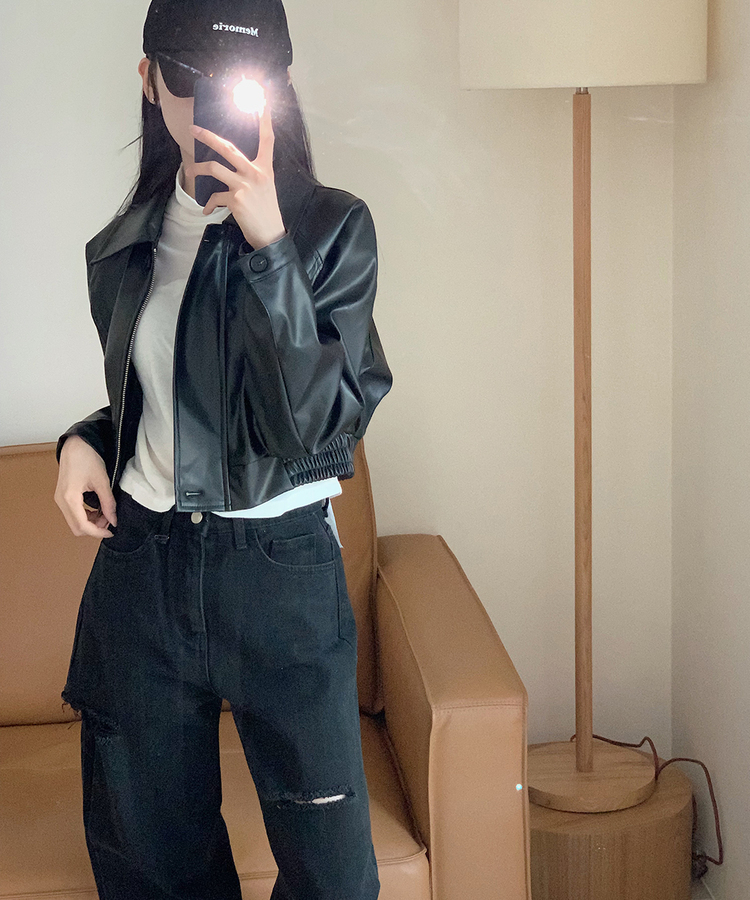 クロップカラーネックバンディングレザーブルゾン｜ジャケット｜韓国