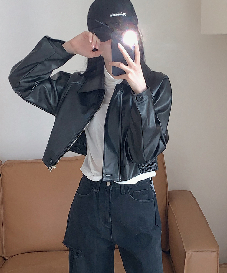 クロップカラーネックバンディングレザーブルゾン｜ジャケット｜韓国