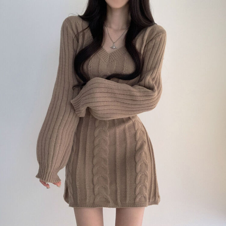ケーブルニットVネックウエストリボンミニワンピース5色｜ミニ