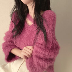 スリットネッククロップフェイクファーニット6色 ピンク