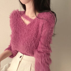 スリットネッククロップフェイクファーニット6色 ピンク
