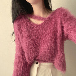 スリットネッククロップフェイクファーニット6色 ピンク
