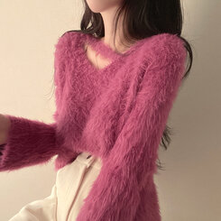 スリットネッククロップフェイクファーニット6色 ピンク