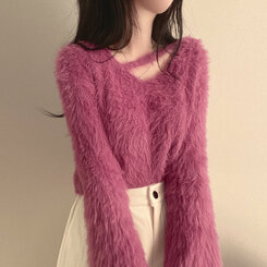スリットネッククロップフェイクファーニット6色 ピンク
