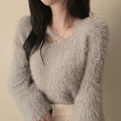 スリットネッククロップフェイクファーニット6色 グレー