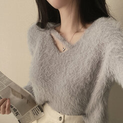 スリットネッククロップフェイクファーニット6色 グレー