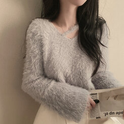 スリットネッククロップフェイクファーニット6色 グレー