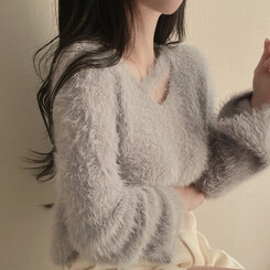 スリットネッククロップフェイクファーニット6色 グレー