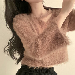 スリットネッククロップフェイクファーニット6色