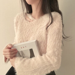 スリットネッククロップフェイクファーニット6色 ベージュ