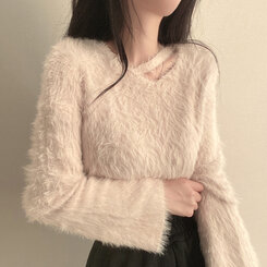 スリットネッククロップフェイクファーニット6色 ベージュ