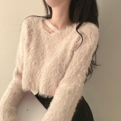 スリットネッククロップフェイクファーニット6色 ベージュ