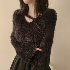 スリットネッククロップフェイクファーニット6色 ブラック