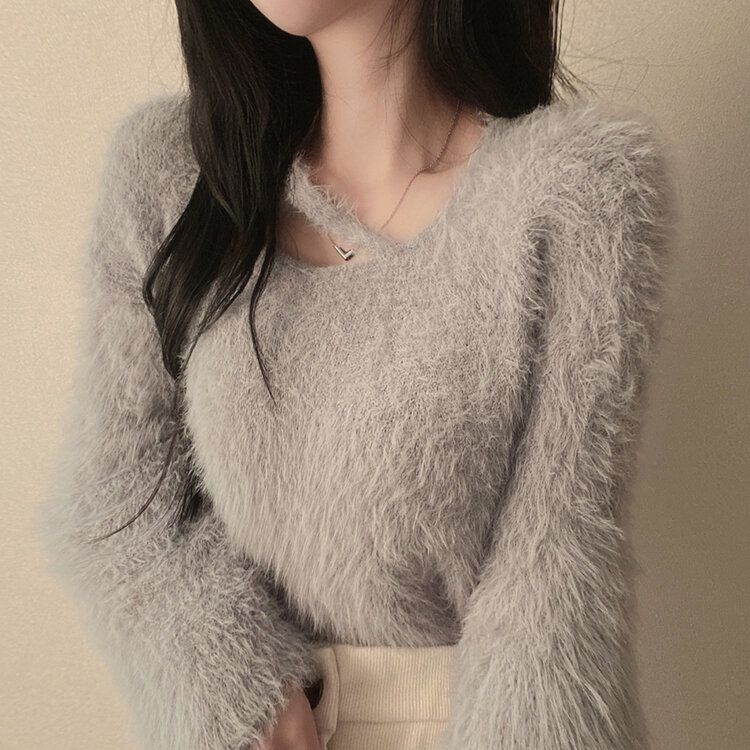 スリットネッククロップフェイクファーニット6色 グレー