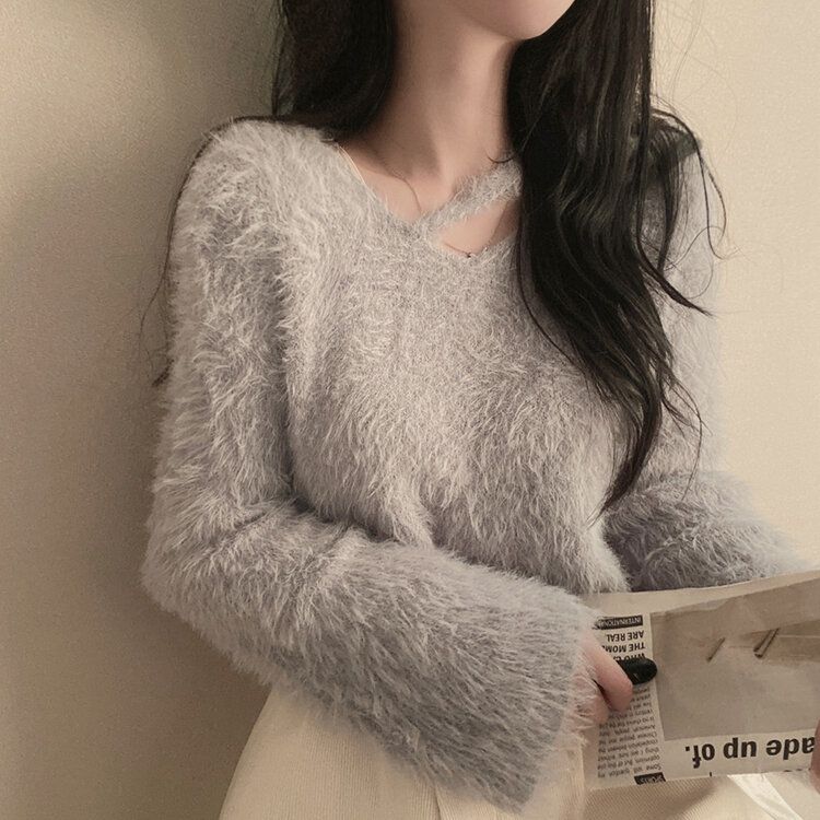 スリットネッククロップフェイクファーニット6色 グレー