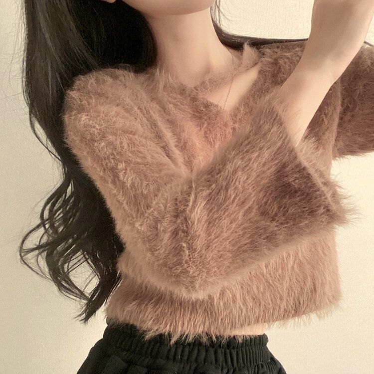 スリットネッククロップフェイクファーニット6色