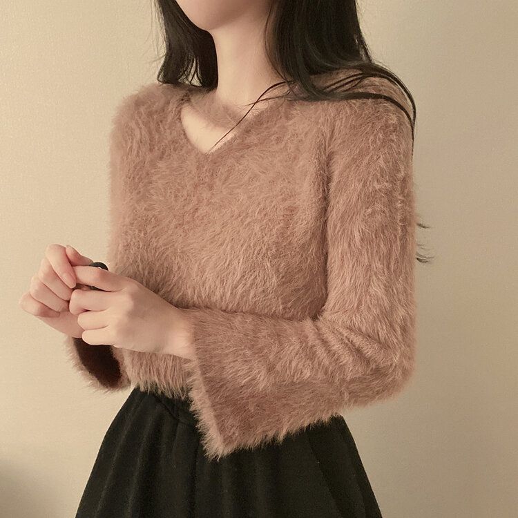 スリットネッククロップフェイクファーニット6色