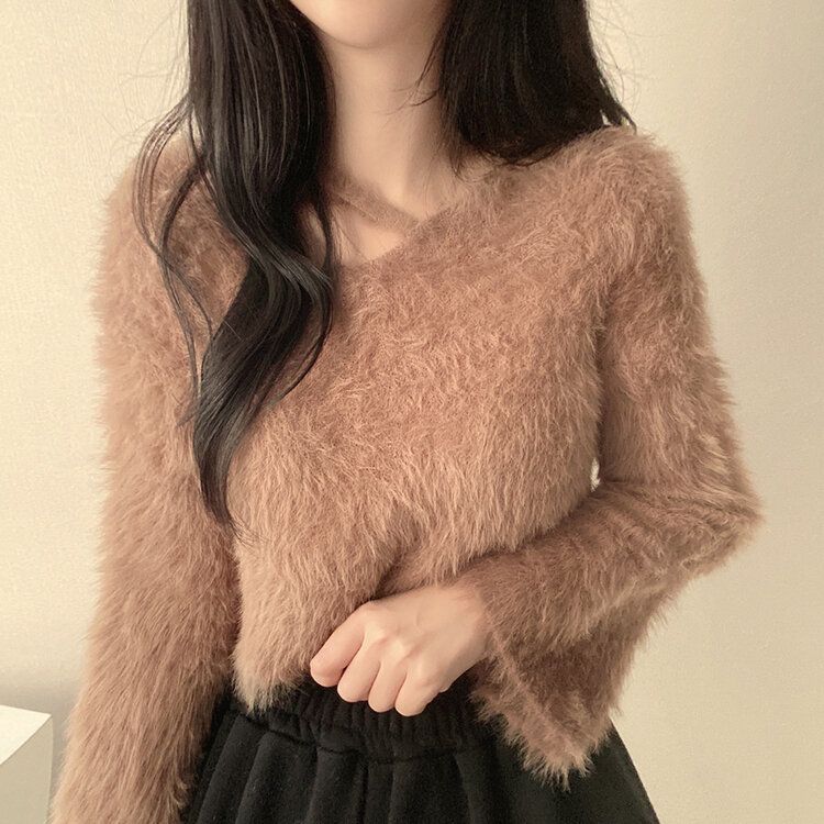 スリットネッククロップフェイクファーニット6色