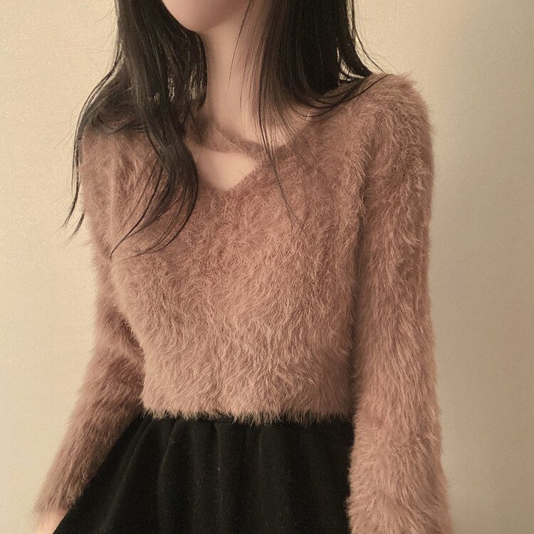 スリットネッククロップフェイクファーニット6色