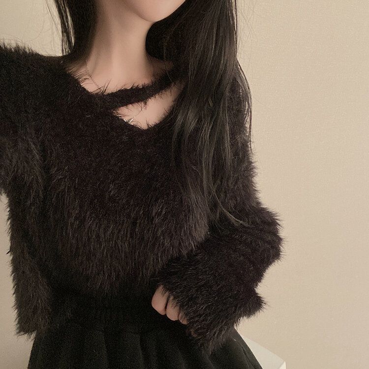 スリットネッククロップフェイクファーニット6色 ブラック