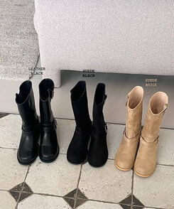 フェイクレザーバックルハーフブーツ