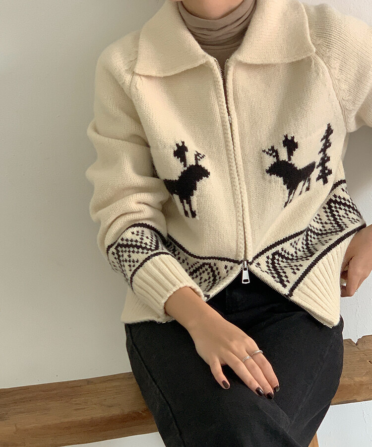 トナカイノルディックダブルジップアップニット｜ジャンパー｜韓国