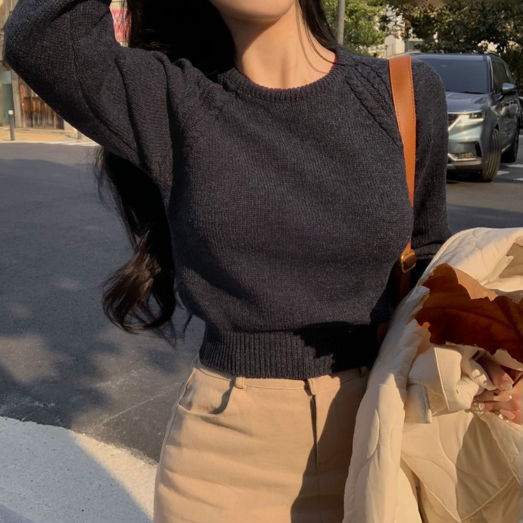 ラグランクロップラウンドニット5色 ネイビー