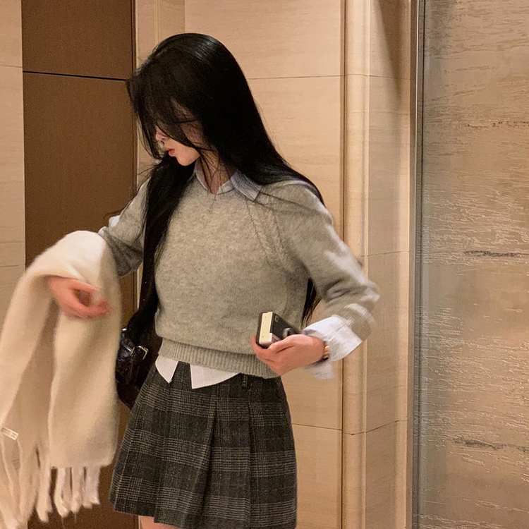 ラグランクロップラウンドニット5色 グレー