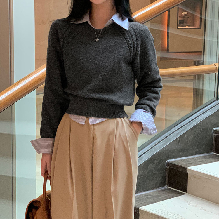 ラグランクロップラウンドニット5色 チャコール