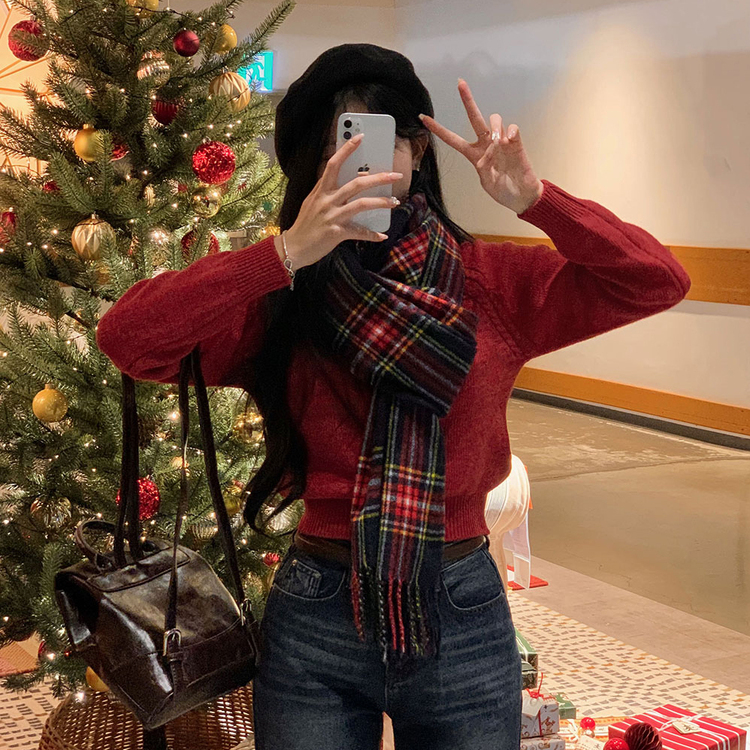 ラグランクロップラウンドニット5色 レッド