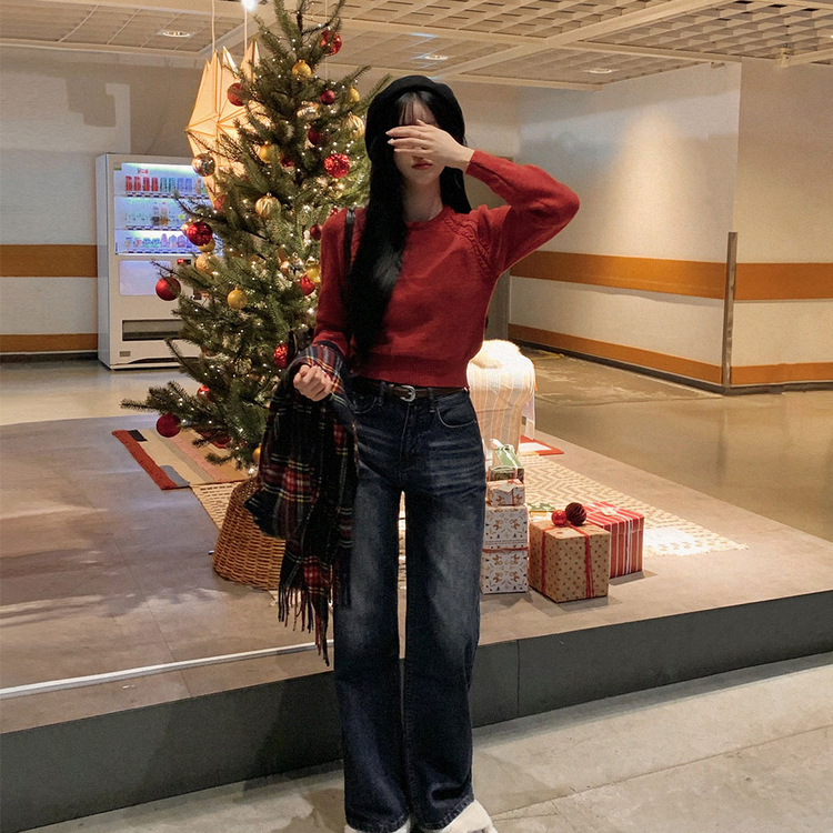 ラグランクロップラウンドニット5色 レッド