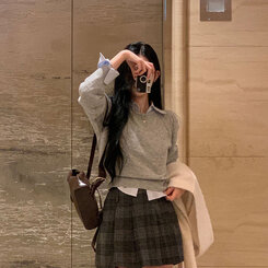 ラグランクロップラウンドニット5色 グレー