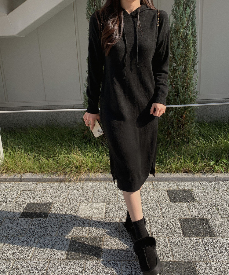 フードサイドスリットニットロングワンピース｜ロングワンピース