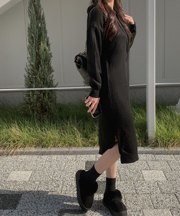 フードサイドスリットニットロングワンピース|ロングワンピース フードサイドスリットニットロングワンピース|ロングワンピース