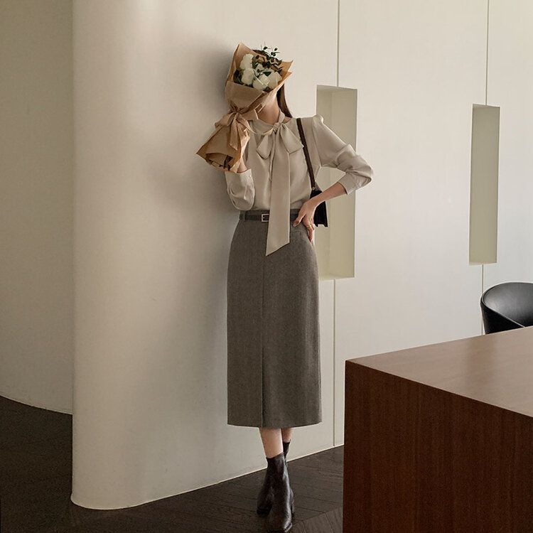 ベルテッドヘリンボーンスカート｜ミディ/ロングスカート｜韓国